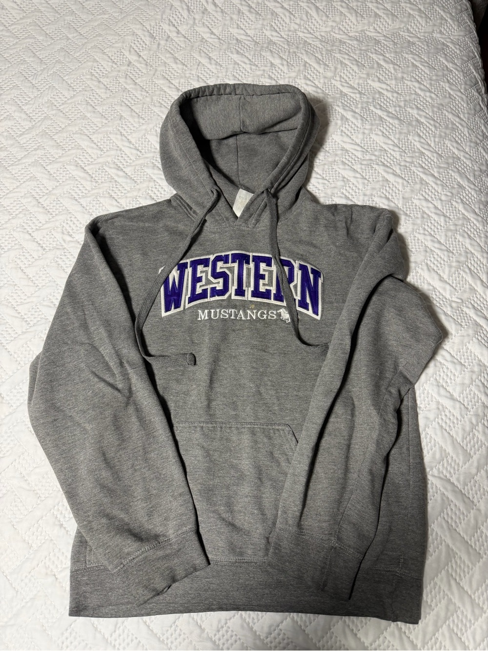 Western University Mustangs Gray Pullover Hoodie Purple Lettering Men Medium